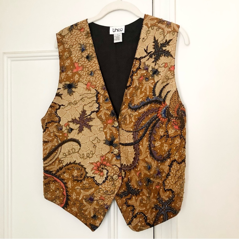 Vintage Rich Gold Beaded Embroidery Vest Boho Large leaves bees paisley L